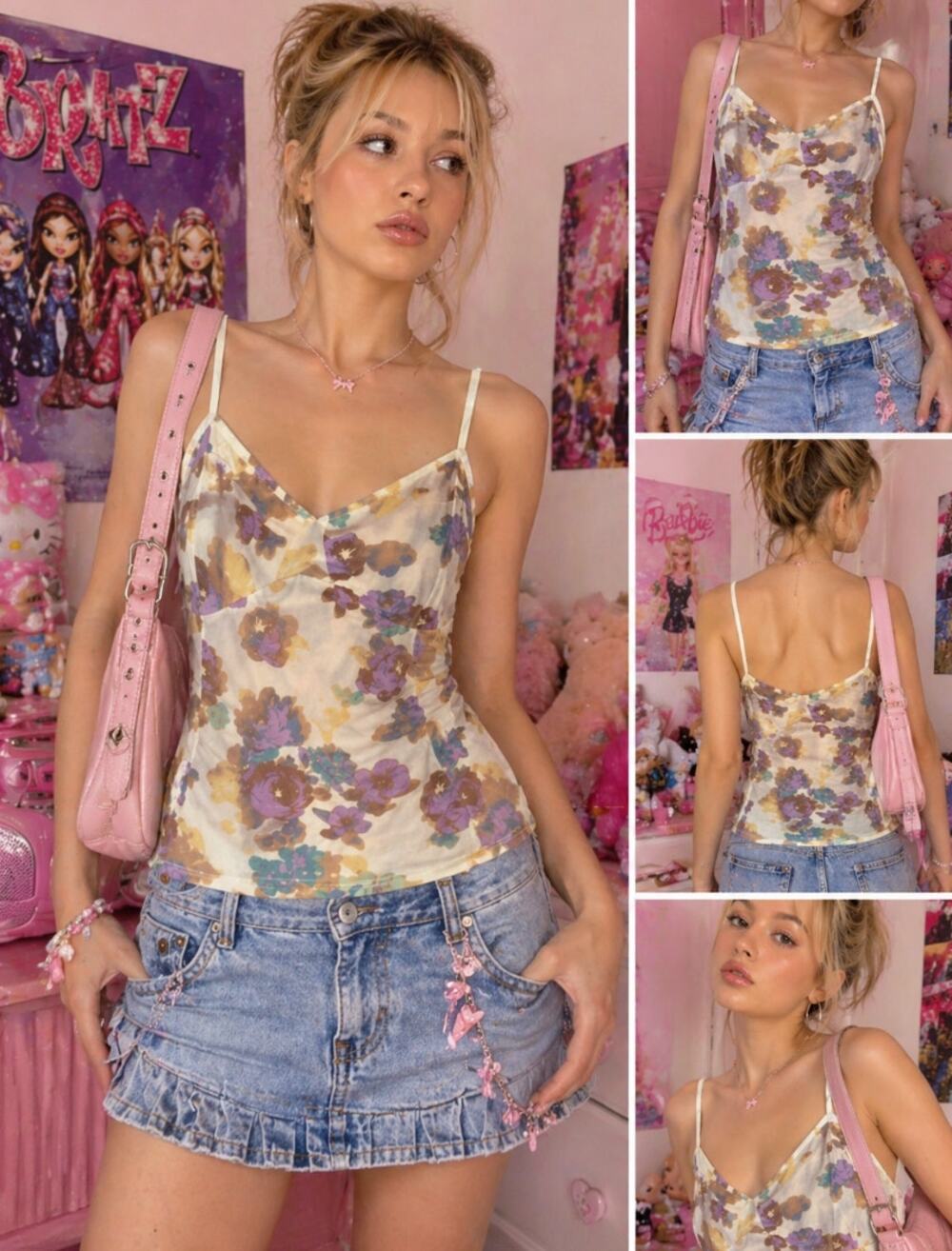 Decree Y2K Floral Tank Top Womens L Bloomcore Adjustable Straps 90s Bratz Style
